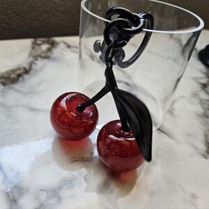 Red Cherry Bag Charm Key Chain With Gunmetal Black